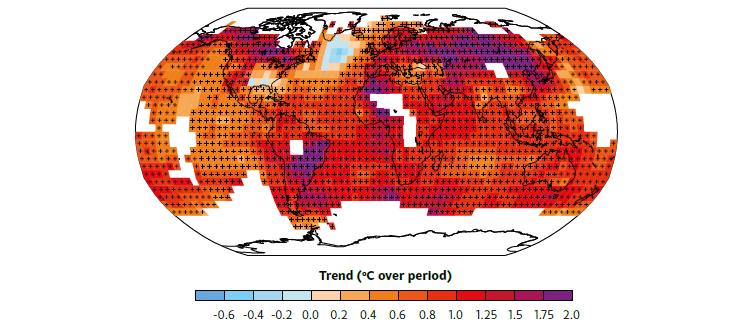 Distribution of the average temperature change between 1901 and 2012.