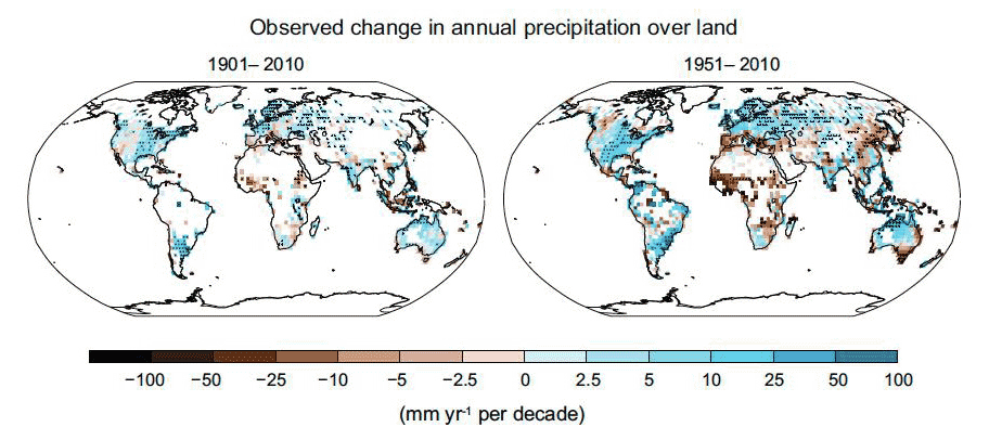 Observed precipitation change (rainfall plus snowfall), 1901-2010 and 1951-2010.
