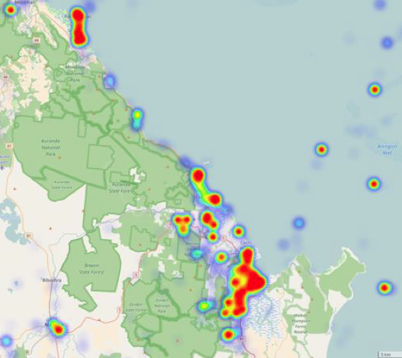 Heat map showing the location of geo-referenced tweets from the Great Barrier Reef