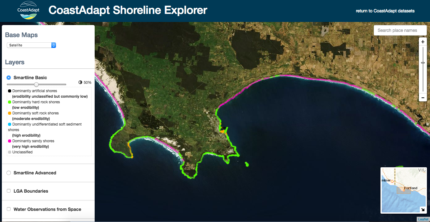 Screenshot of CoastAdapt's mapping tool - Shoreline Explorer