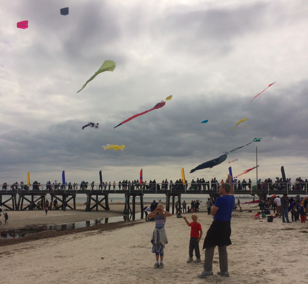 People at a kite flying festival on the beach